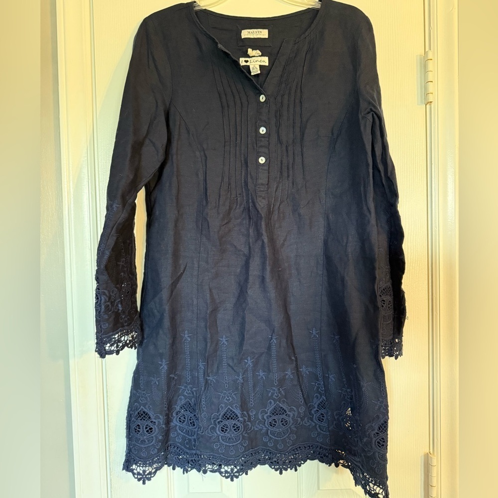 Malvin Hamburg-Germany Navy Embroidered Linen Dress size 6 - Picture 7 of 7